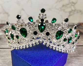 Emerald Crystal Tiara: Silver Rhinestone Princess Crown