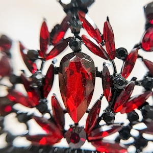 May include: Close-up of a black and red jeweled crown. The crown features a large, teardrop-shaped red gem at the center, surrounded by smaller red and black gems. The metalwork is black and intricate, creating a regal and elegant design.
