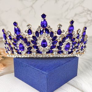 Baroque Gold Crystal Tiara: Vintage Blue Gemstone Wedding Crown