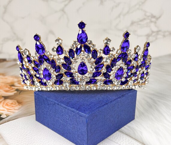 Buy Baroque Gold Crystal Tiara: Vintage Blue Gemstone  display picture 2