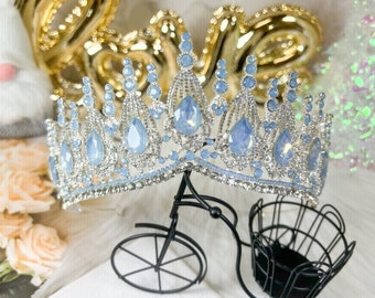 Queen Gemstone Silver Crown, Blue Princess Tiara, Anniversary, Birthday, Quinceanera, Prom, Bridal Wedding, Party, New Year, Gift for Her