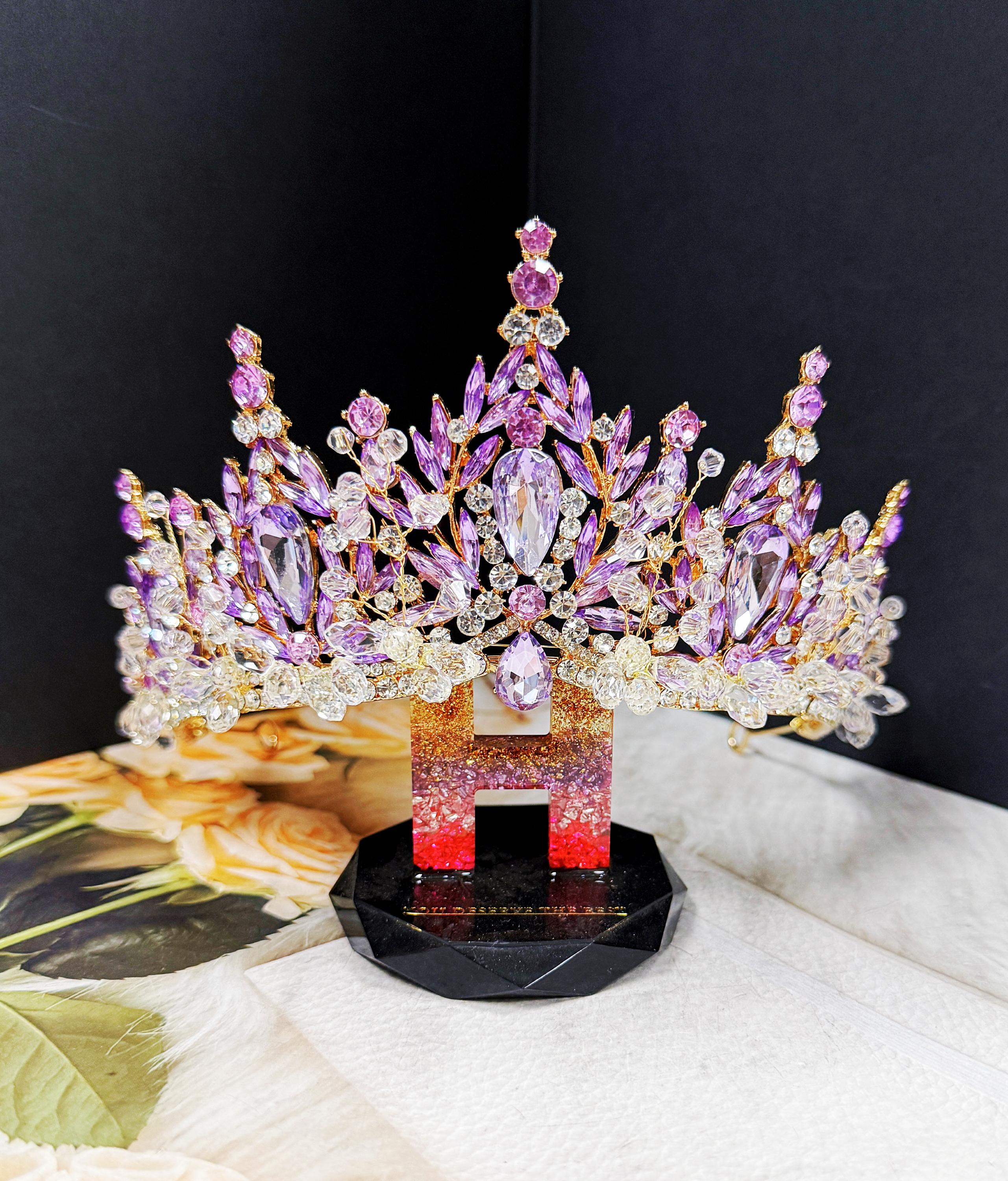 Purple Crystal Tiara: Handmade Gold Beaded Crown, Victorian  display picture 1