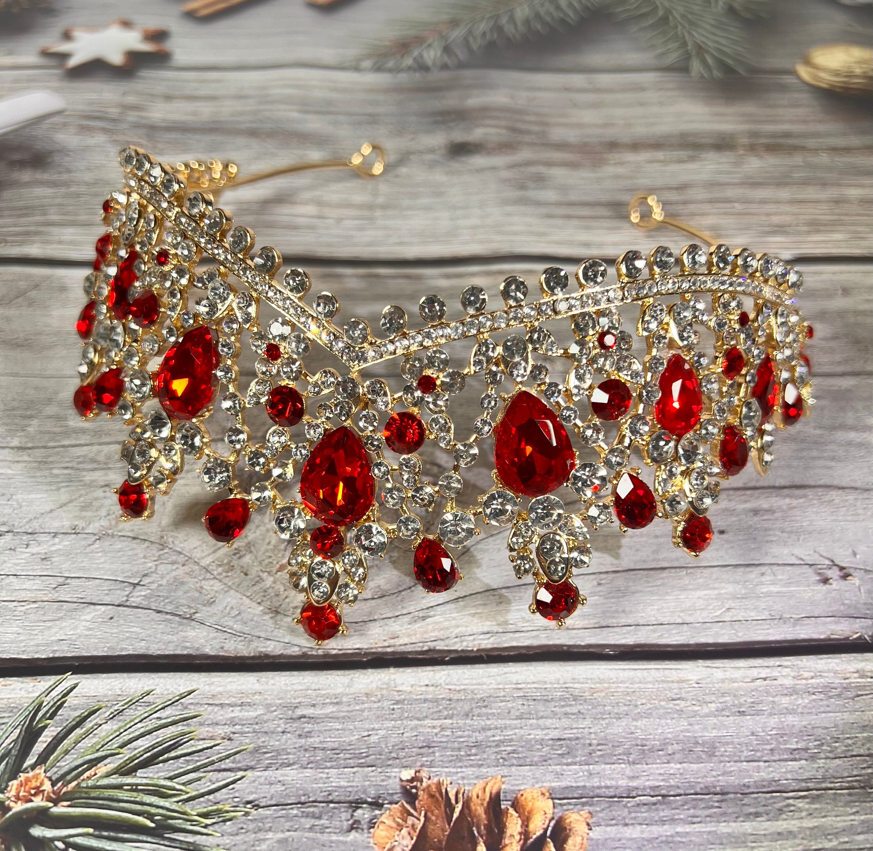 Gold Tiara with Red Gem Accents - Women Accessories Red Heart Gemstone Crown: Gold-plated Valentine main image 3