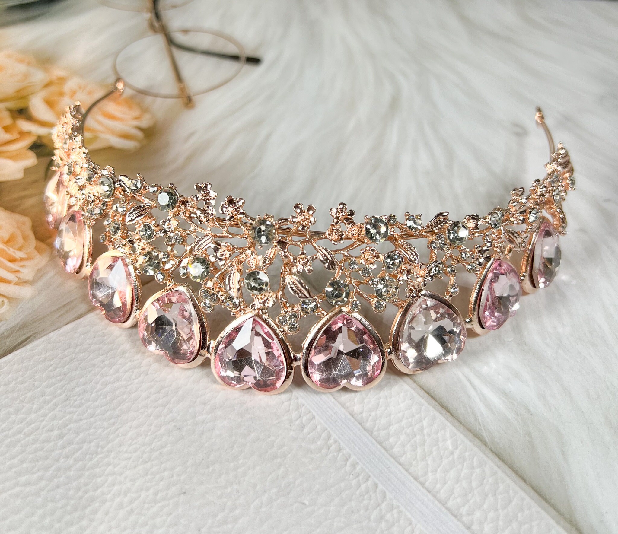Pink Heart Tiara: Rhinestone Queen Crown, Fairy Headband - Etsy