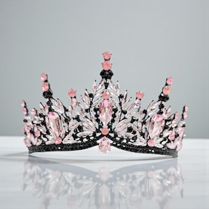 Elegant Pink and Black Tiara Pink And Black Crystal Tiara Rhinestone Custom Crown main image 2