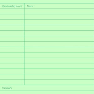 May include: A light green Cornell Notes template page featuring dark green lines and text. The layout includes sections for Title, Date, Essential Question, Questions/keywords, Notes, and Summary, organized with vertical and horizontal dividers.