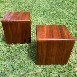 May include: Two wooden cubes with a rich, dark brown finish. The cubes are placed on a bed of green grass. The wood grain is visible, adding texture to the smooth, polished surfaces. These decorative cubes could be used as small tables or display stands.