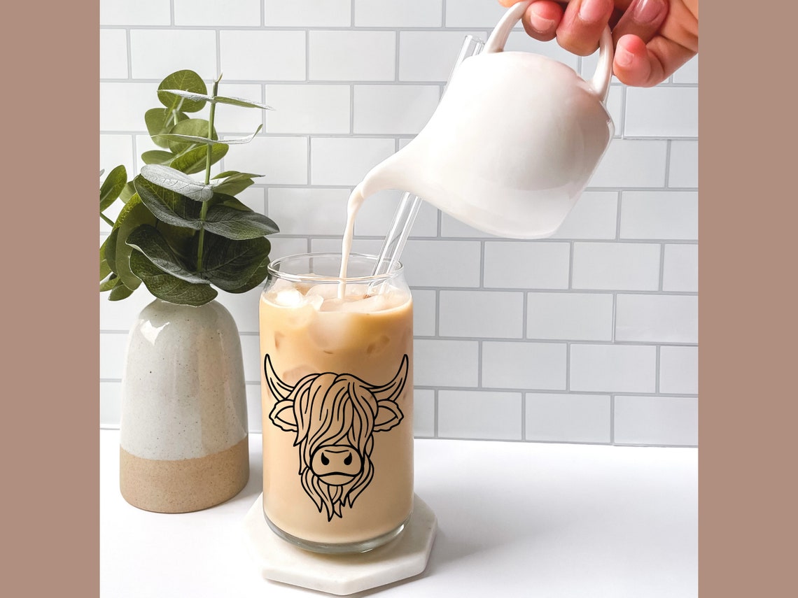 Highland Cow Glass Cup With Bamboo Lid and Straw Iced Coffee Etsy