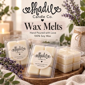 May include: Three clear plastic clamshell containers filled with off-white square wax melts. Each container features a circular label with the text Shadil Candle Co. Hand Poured with Love 100% Soy Wax. The text Wax Melts is displayed above.