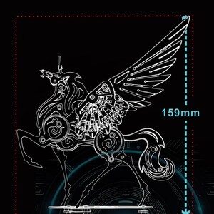 May include: A detailed line drawing of a mechanical unicorn with wings. The unicorn is standing on a base and has a detailed design with gears and other mechanical elements. The image includes measurements of 119mm and 159mm.