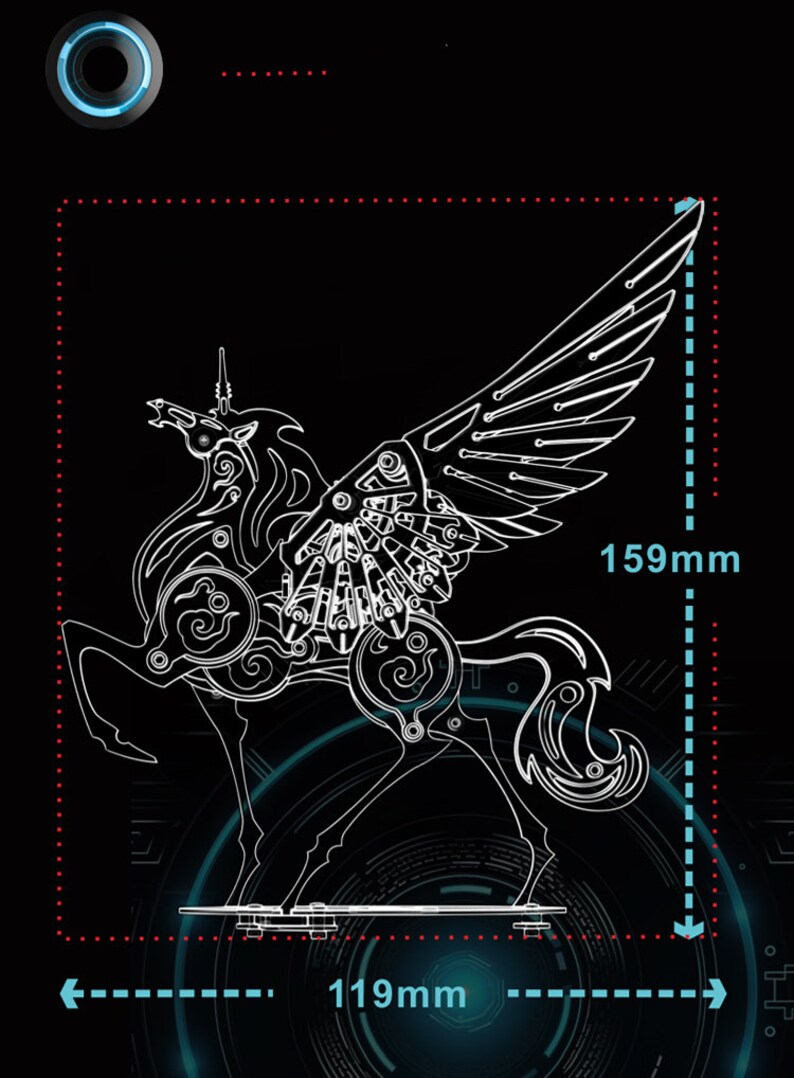 May include: A detailed line drawing of a mechanical unicorn with wings. The unicorn is standing on a base and has a detailed design with gears and other mechanical elements. The image includes measurements of 119mm and 159mm.