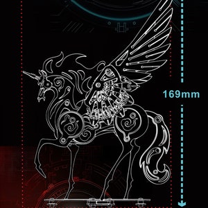 May include: A white metal model of a winged unicorn with intricate details. The model is 118 mm wide and 169 mm tall.