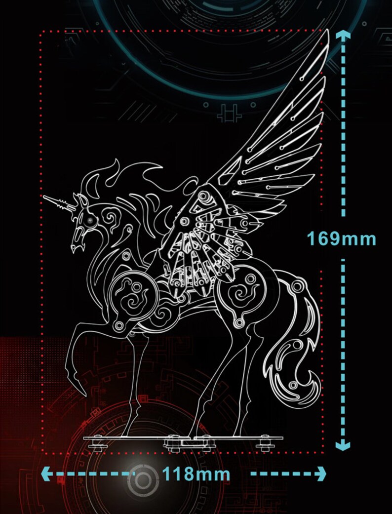 May include: A white metal model of a winged unicorn with intricate details. The model is 118 mm wide and 169 mm tall.