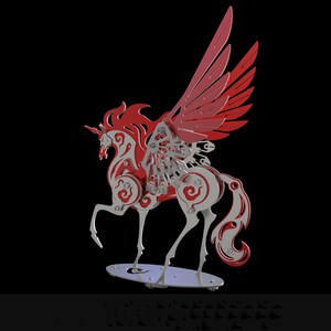 May include: A red and silver metal model of a winged unicorn with intricate details. The unicorn has a flowing mane and tail, and its wings are spread wide. The model is mounted on a silver base.