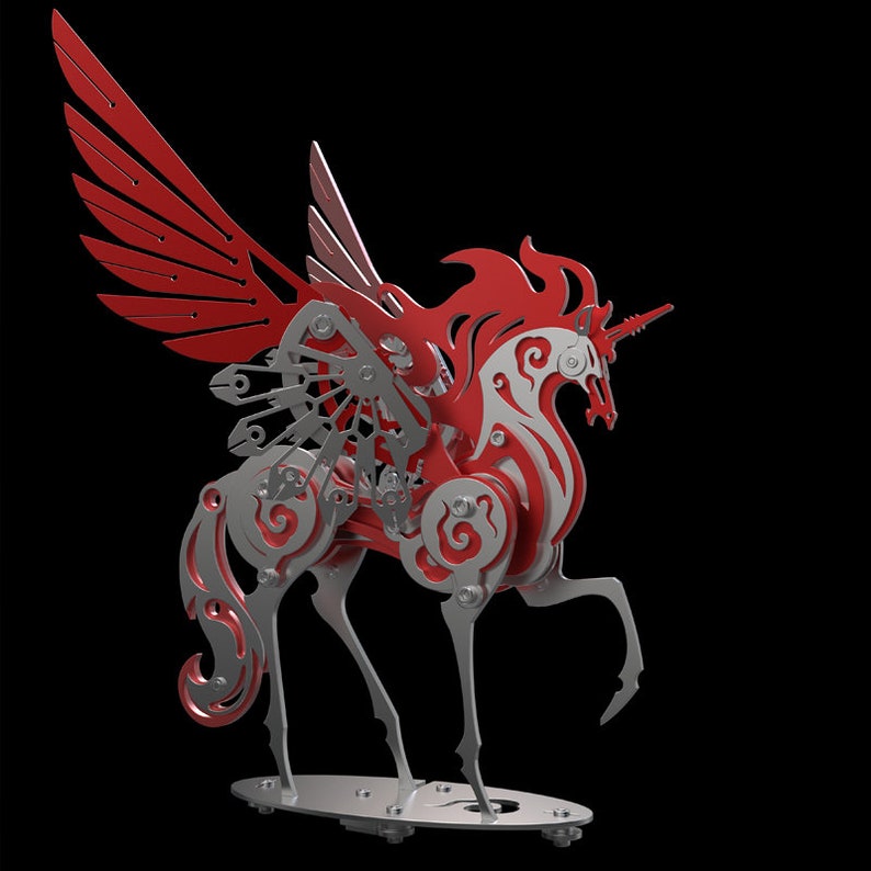 May include: A red and silver metal sculpture of a winged unicorn. The unicorn has a flowing mane and tail, and its wings are spread wide. The sculpture is detailed with intricate patterns and designs.