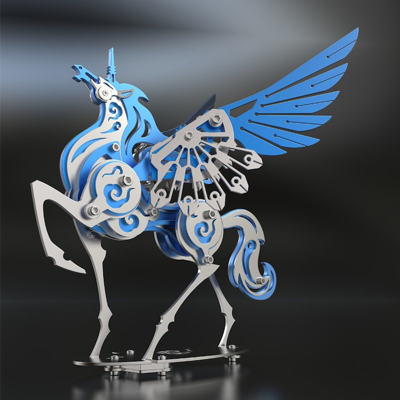 May include: A silver and blue metal sculpture of a winged horse with intricate details. The wings are spread out and the horse is standing on a base.