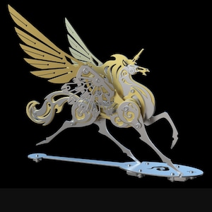 May include: A gold and silver metal sculpture of a winged unicorn with intricate details. The unicorn is in a running pose with its wings spread out. The sculpture is mounted on a metal base.