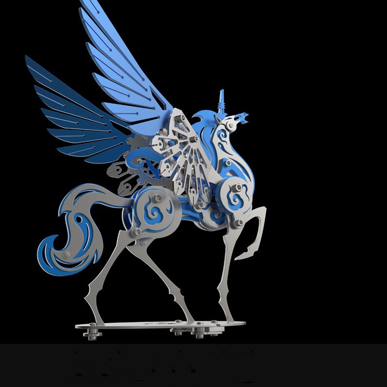 May include: A silver and blue metal model of a winged horse with intricate details. The wings are spread out and the horse is standing on a base.