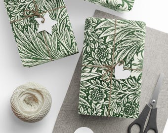 Papel de regalo estilo William Morris con diseño de caléndula verde, papel de regalo floral, papel de regalo para fiestas, cumpleaños, ocasiones, diseño botánico, papel de regalo, estilo vintage.