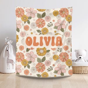 Custom Retro Flower Blanket Personalized Kids Name Throw Baby Name Blanket Girl Teen Gift Ideas Baby Shower All Over Floral Throw Blanket