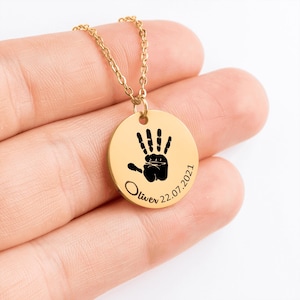 Custom Hand Print Necklace Engraved Baby Hand Necklace Gift for Mom Baby Shower Gift Child Hand Print Necklace Mothers Day Gift Minimalist