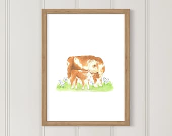 A5 Cow painting | Cow and calf watercolour | Country home decor | cottagecore style | minimalist design | Spring decor |