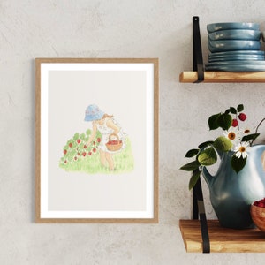 Strawberry art print | Strawberry picking | Cute wall art | Strawberry lover gift | Watercolour illustration