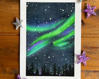 Northern lights art print | aurora borealis | Northern lights painting | Watercolour wall art | Cute wall decor |