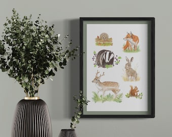 British wildlife giclee art print, woodland wall art, wildlife decor, woodland creature illustration, cottagecore wall art, cosy home decor
