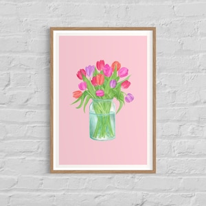 Pintura de acuarela de tulipanes / Estampado de arte floral / Decoración floral de la pared / Arte colorido / Arte de pared vibrante /