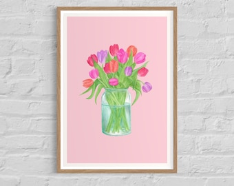 Tulips watercolour painting | Flower art print | Floral wall decor | Colourful art | Vibrant wall art |