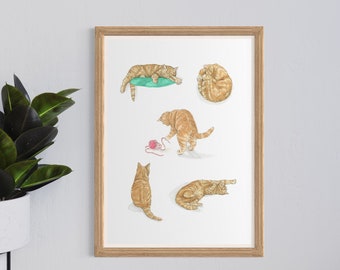 Ginger cat giclee print, traditional hand painted watercolour, ginger cat wall art, cute cat wall art, cat home decor, cat lover gift