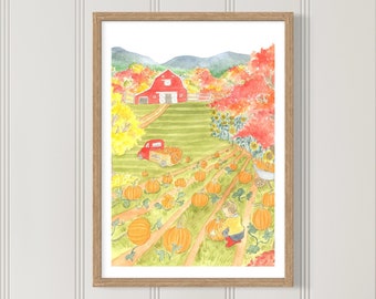 Pumpkin patch watercolour print, pumpkin wall art, pumpkin home decor, autumn wall art, autumn decor, pumpkin patch, pumpkin picking