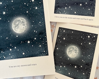 A6 Moon and stars card | Love you to the moon | watercolour painting | Romantic greeting card |