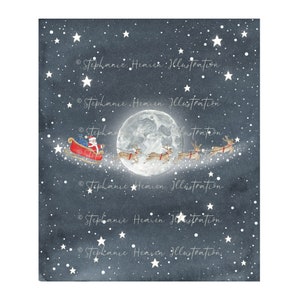 May include: Santa Claus in a red sleigh pulled by reindeer flies through a starry night sky with a full moon in the background. The image is a watercolor painting with a blue background and white stars.
