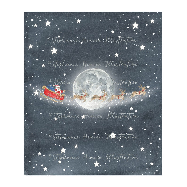 May include: Santa Claus in a red sleigh pulled by reindeer flies through a starry night sky with a full moon in the background. The image is a watercolor painting with a blue background and white stars.