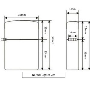 May include: Diagram showing the dimensions of a normal lighter and a slim lighter. The normal lighter is 36 mm wide, 57 mm tall, and 35 mm deep. The slim lighter is 14 mm wide, 56 mm tall, and 35 mm deep.
