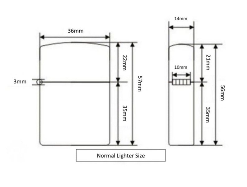 May include: Diagram showing the dimensions of a normal lighter and a slim lighter. The normal lighter is 36 mm wide, 57 mm tall, and 35 mm deep. The slim lighter is 14 mm wide, 56 mm tall, and 35 mm deep.