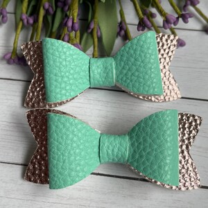 Pig Tail Set of 2- 3 Inch Turquoise & Rose Gold Faux Leather Hair Bow, Gift for Girls, Mom, Toddler, Baby, Hair Accessories