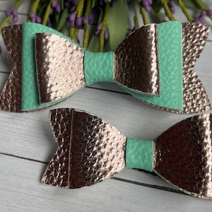 Sister Set of 2- Rose Gold & Turquoise Faux Leather Double Hair Bow, Gift for Girls, Mom, Toddler, Baby, Hair Accessories