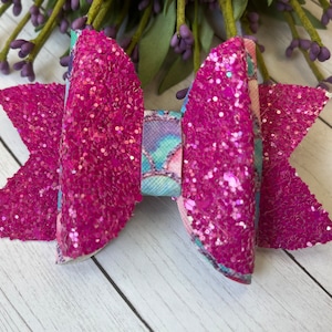 4 Inch Pink Mermaid Glitter Faux Leather Hair Bow, Gift for Girls, Mom, Toddler, Baby, Hair Accessories