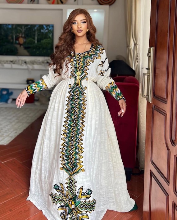 ethiopian cotton dress Ethiopian Dress Traditional White Cotton with Green Borders for Church Ceremonies
