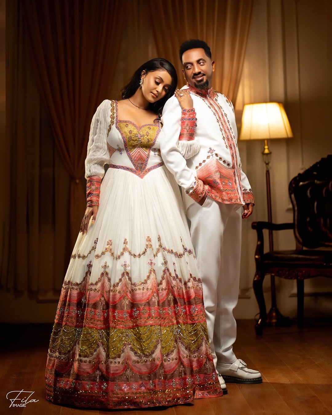 Green Ethiopian Traditional Couple Set – Matching Groom & Bride Outfit with Handwoven Tibeb Embroidery for Weddings & Cultural Ceremonies