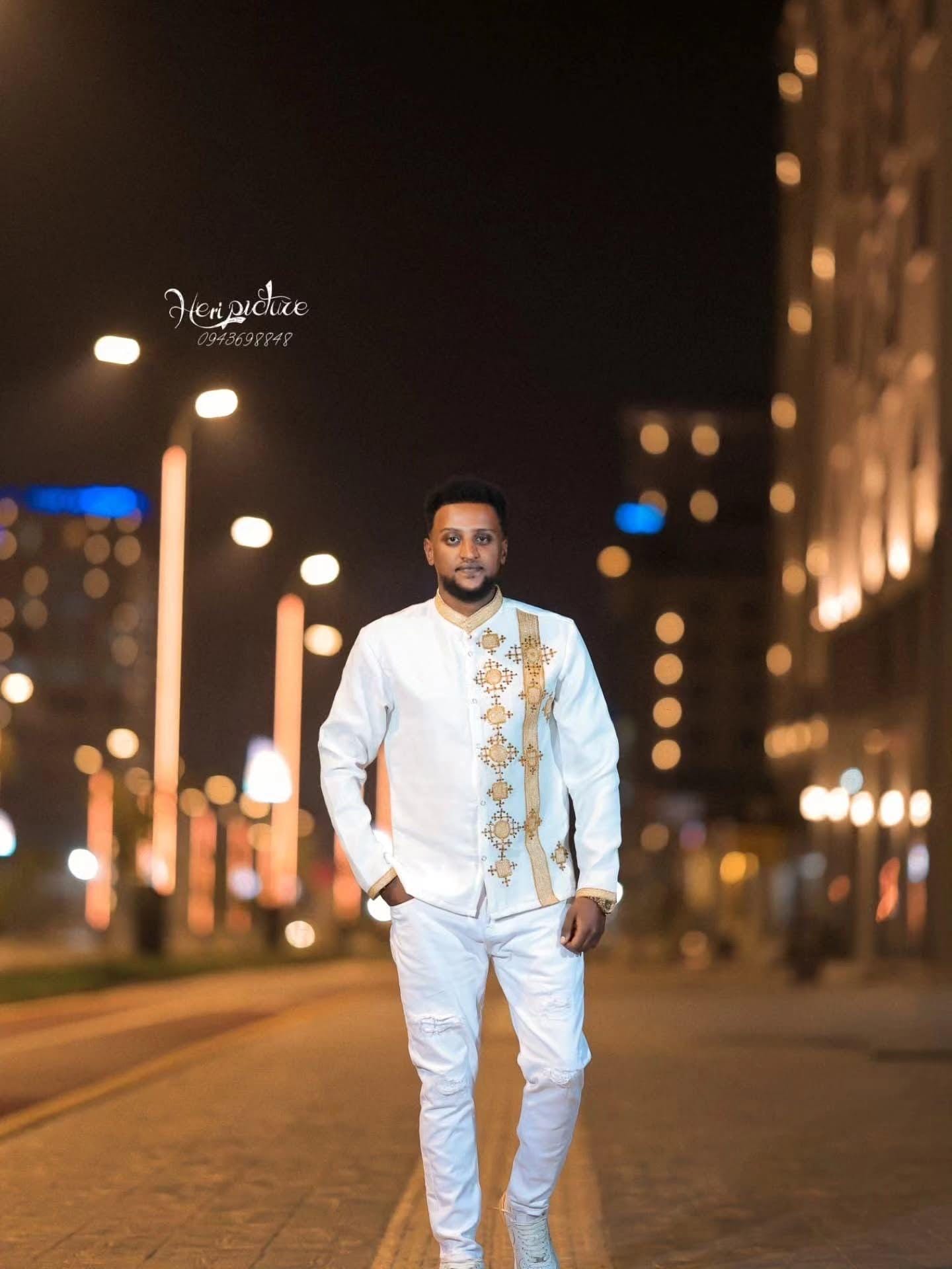 modern habesha dress for men Ethiopian Men's Traditional Shirt & Pants Set | White With Red and Gold Tibeb | Cultural Clothing | Habesha Outfit Men Hab160