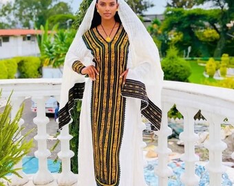Axum Habesha Kemis – Handvävd etiopisk/ertriansk bomullsklänning med Tibeb-broderi | Kulturkläder & mode