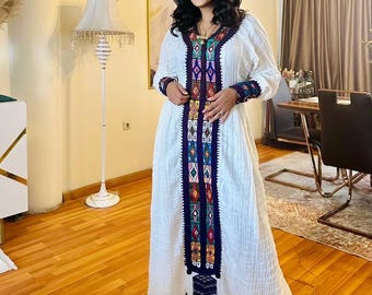 Axum Habesha Kemis – Handvävd etiopisk/ertriansk bomullsklänning med Tibeb-broderi | Kulturkläder & mode