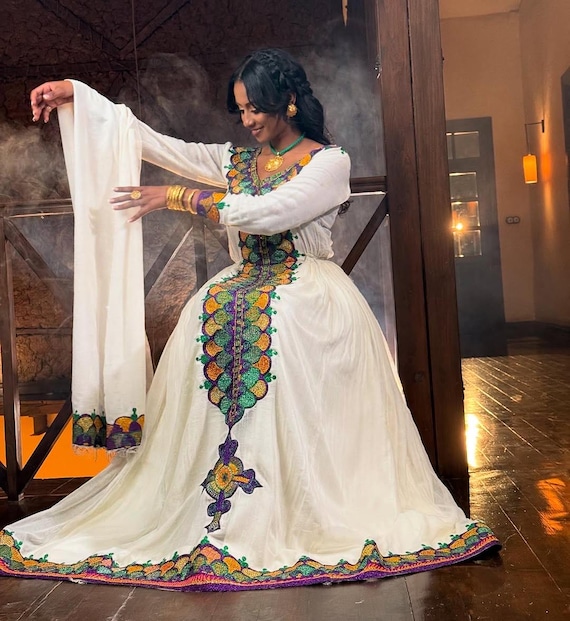 ethiopian cotton dress Handwoven Habesha Kemis: Ethiopian Cotton Dress with Tibeb Embroidery