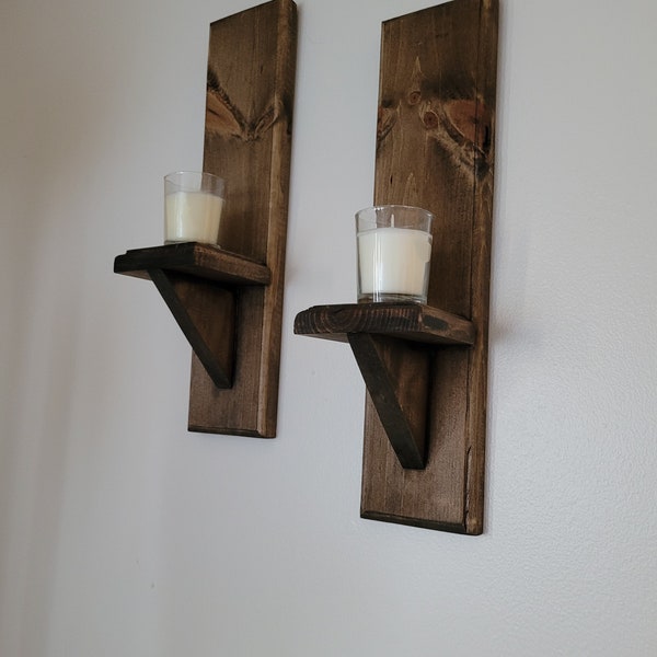 wall shelf, candle holders, sconces wall mount hand crafted, quality walnut finish unique rustic includes candles, sold in pairs.
