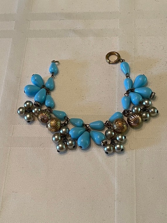 Vintage Blue Glass and Pearl Bracelet