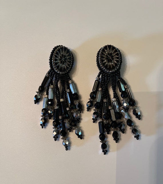 Black and Silver Beaded Chandelier Clip-On Earring